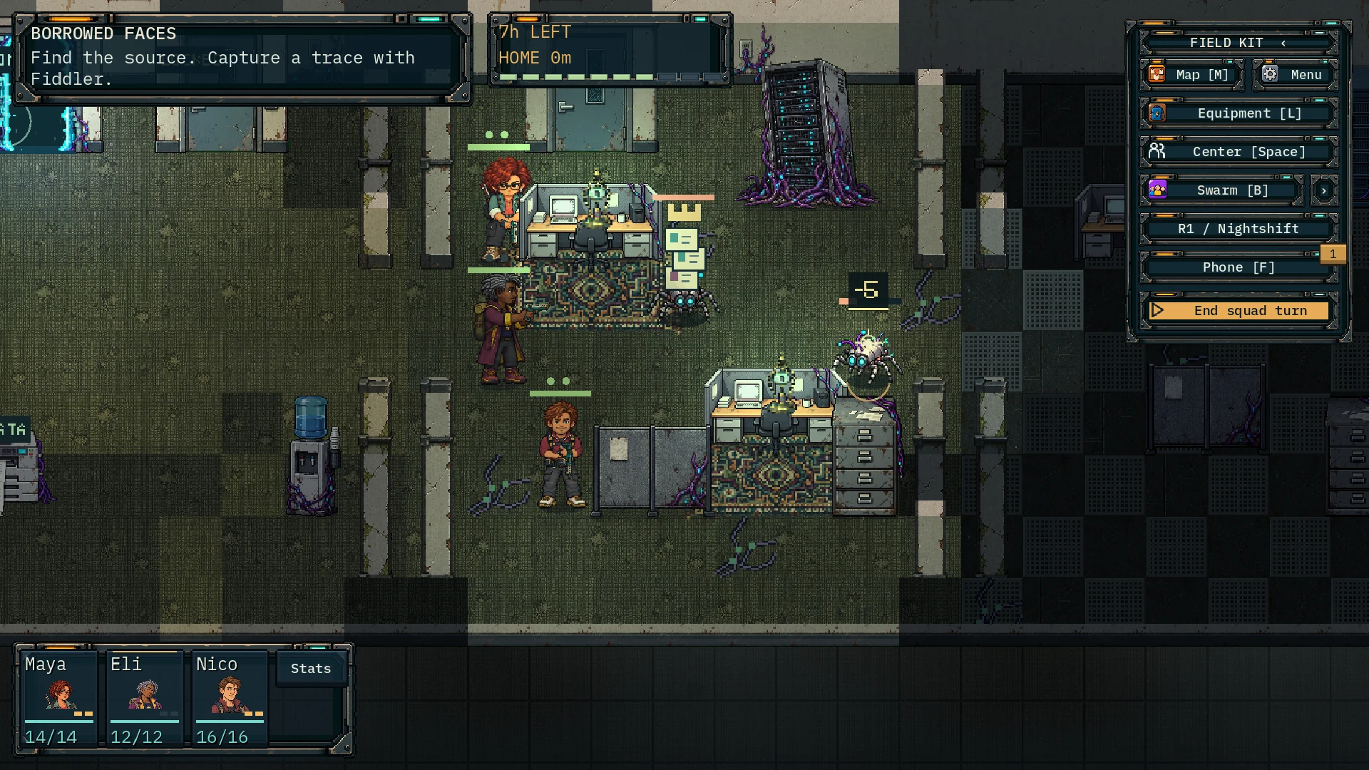 A turn-based fight inside the Cloud: Eli's shot lands on a bug across an overgrown office while Maya and Nico hold their ground.