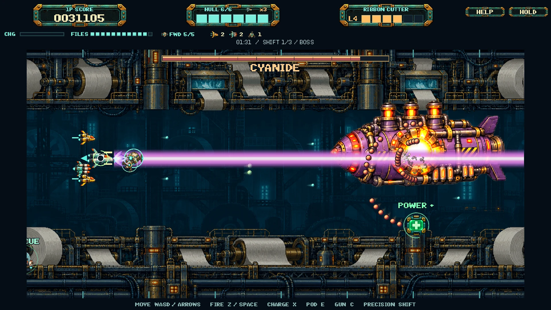 PAPER JAM, a side-scrolling arcade shooter: the player's ribbon beam hits a boss machine.
