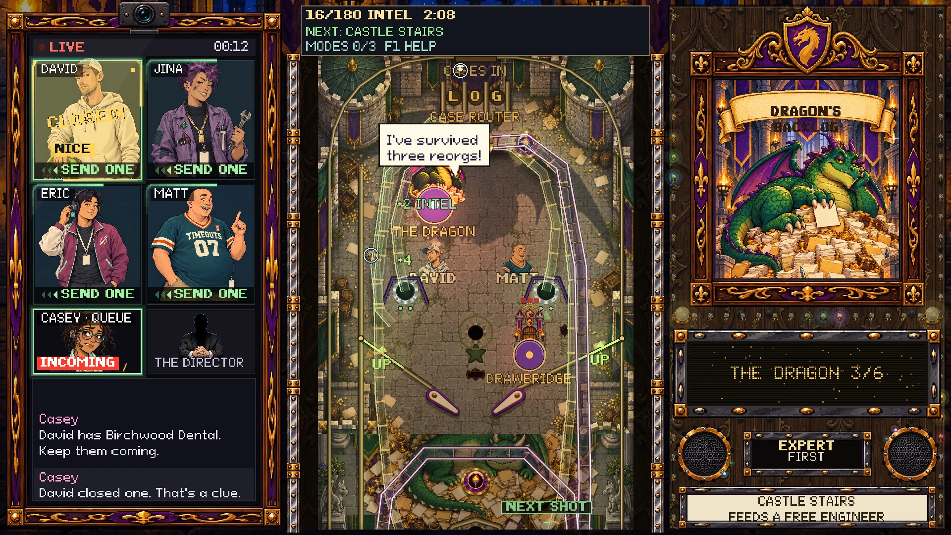 An outage call: the team's video tiles on the left, a castle pinball table with a taunting dragon in the middle and the machine's backglass on the right.
